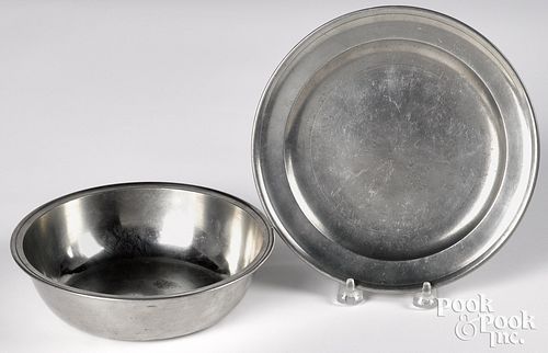 American pewter basin and plate, late 18th c.