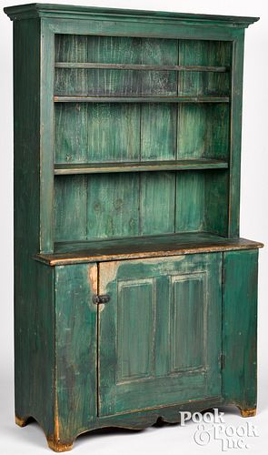 Painted pine stepback cupboard, 19th c.