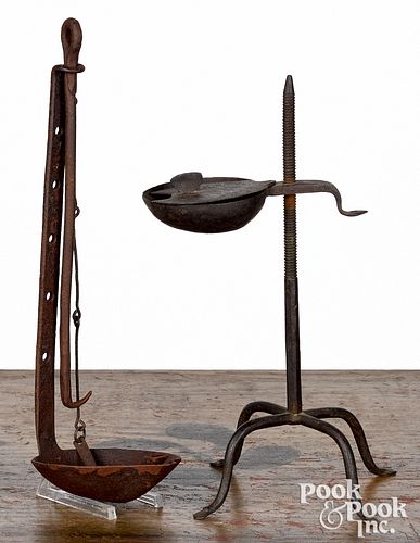 Two wrought iron pan lamps, 19th c.