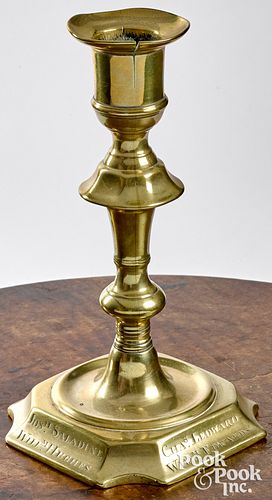 English Queen Anne brass candlestick, dated 1748