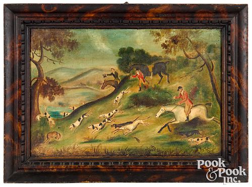 Primitive oil on canvas fox hunting scene