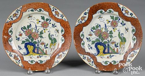 Pair of Delft manganese ground plates, mid 18th c.