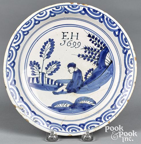 English Delft Chinese scholar plate, dated 1699