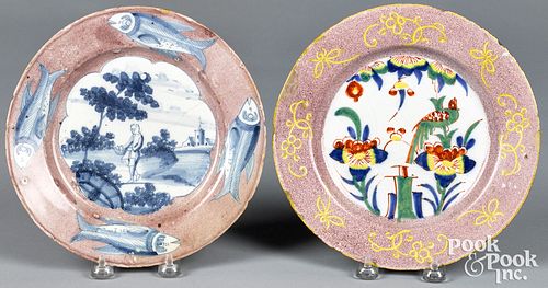 Two Delft manganese ground plates, mid 18th c.