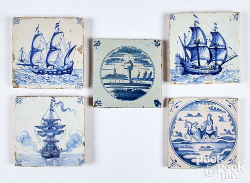 Five Delft blue and white tiles, mid 18th c.