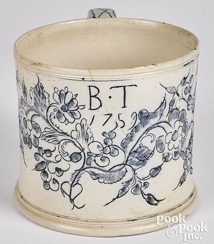 Large English salt glaze stoneware mug, dated 1759