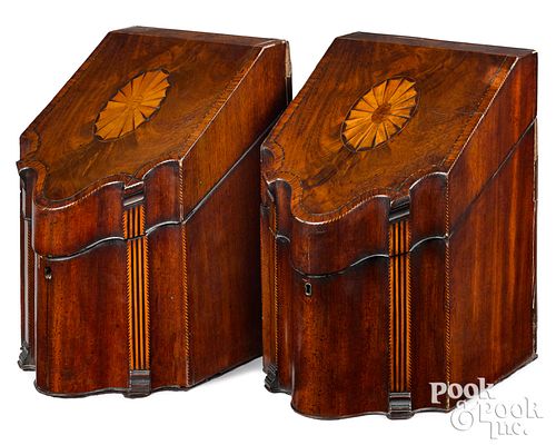Pair of George III inlaid mahogany knife boxes