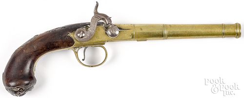 English brass barrel percussion pistol, 19th c.