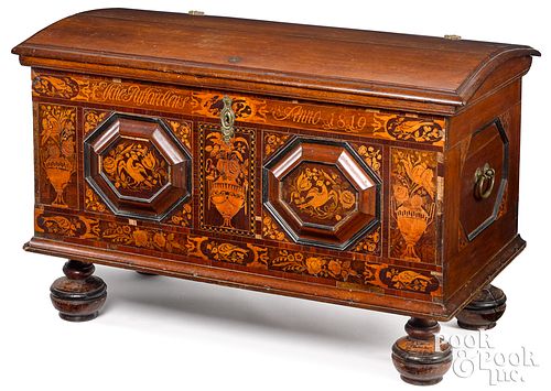 Dutch marquetry inlaid oak dome lid chest