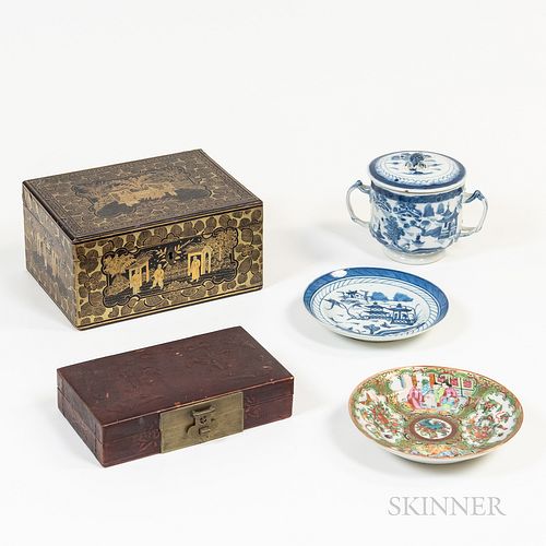 Five Chinese Export Lacquer and Porcelain Items