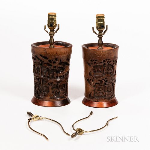 Pair of Carved Bamboo Brush Pot Lamps