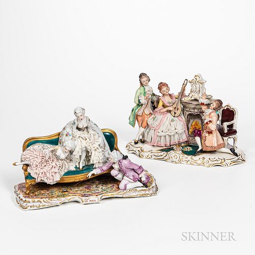 Two Dresden-style European Porcelain Figural Groups