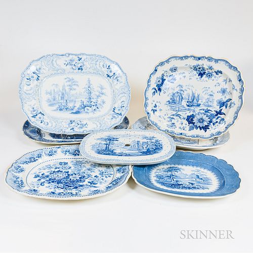 Seven Pieces of Blue and White Transfer-decorated Tableware