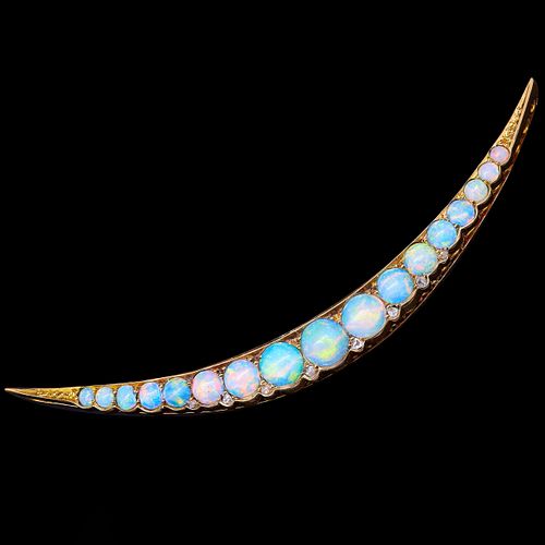 ANTIQUE OPAL AND DIAMOND CRESCENT BROOCH
