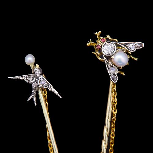 ANTIQUE VICTORIAN PEARL AND DIAMOND DOUBLE TIE PIN