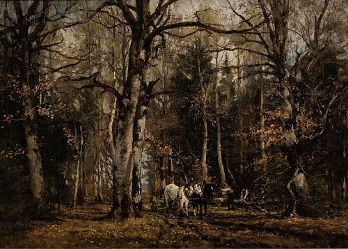 William Preston Phelps (American, 1848-1923) Autumn Woodland with Woodcutters with Horse-drawn Wagon