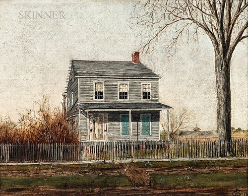 American School, 19th Century Shuttered Gray Farmhouse and Picket Fence