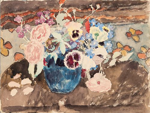 Frederick Carl Frieseke (American, 1874-1939) Flowers in a Blue Vase
