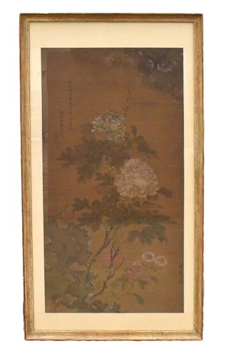 Chinese Peony Painting on Silk ,Signed "Wu HuiWen"