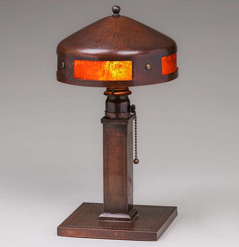 Roycroft Hammered Copper & Mica Helmet Lamp c1920