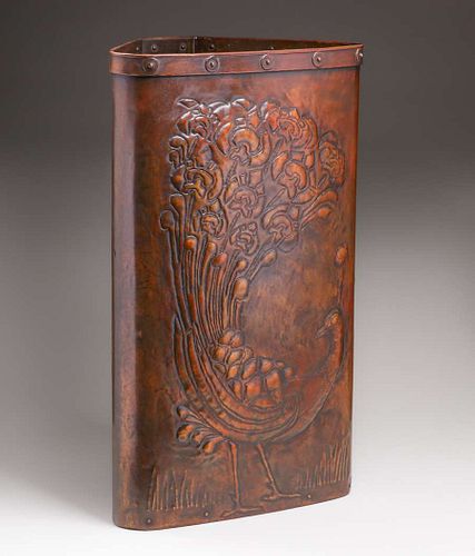 A&C Hammered Brass Peacock Repousse Corner Umbrella Stand c1900