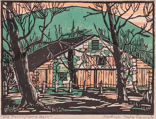 Kathryn Taylor Gambe Woodblock "Old Pennsylvania Barn" c1920s