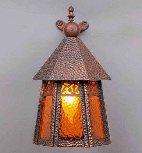 Arts & Crafts Hammered Copper & Amber Glass Porch Sconce c1920