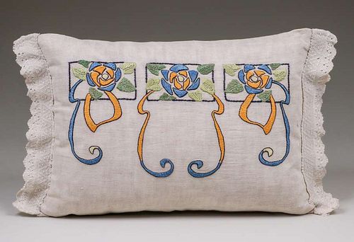 Arts & Crafts Hand Embroidered Pillow Three Square Flowers c1910