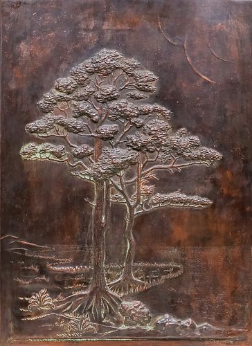 Hans Jauchen Hammered Copper Repousse Monterey Cypress Plaque c1912