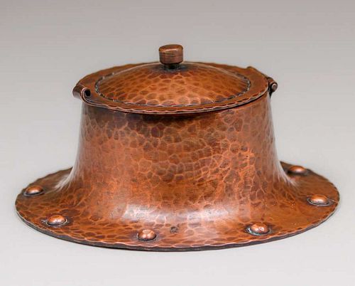 Roycroft Hammered Copper Round Rivetbase Inkwell c1920s