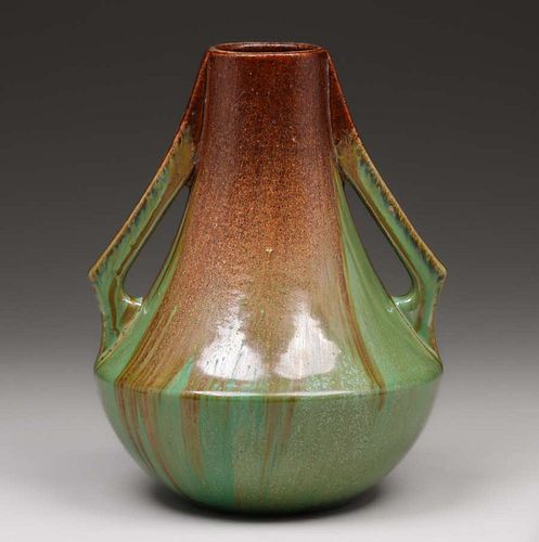 Fulper PotteryÂ Two-Handle Copperdust Green Flambe Vase c1910s