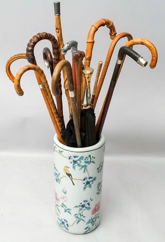 Collection of Antique Canes and Umbrellas in Stand