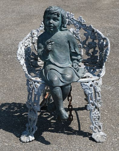 Bronze Sculpture of Garden Girl in Cast Iron Chair
