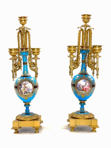 A Pair of 19th C. French Sevres & Bronze Candelabras