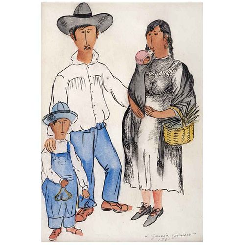 LUIS GARCÍA GUERRERO, Familia campesina, Firmada y fechada 1951, Acuarela sobre papel, 34 x 24 cm | LUIS GARCÍA GUERRERO, Familia campesina, Signed an