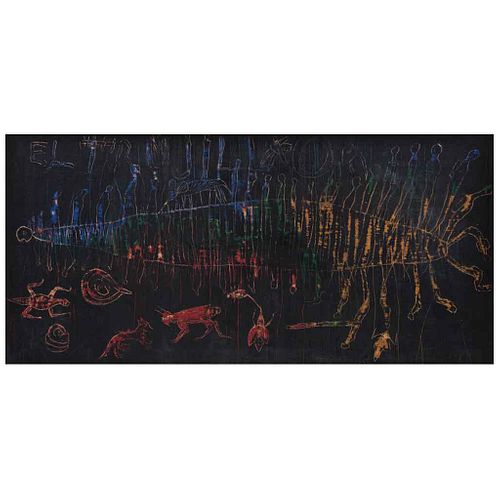 SERGIO HERNÁNDEZ, El Trujillo, 1991, Sin firma, Cera sobre papel amate sobre tela, 56.5 x 115.5 cm, Con constancia | SERGIO HERNÁNDEZ, El Trujillo, 19