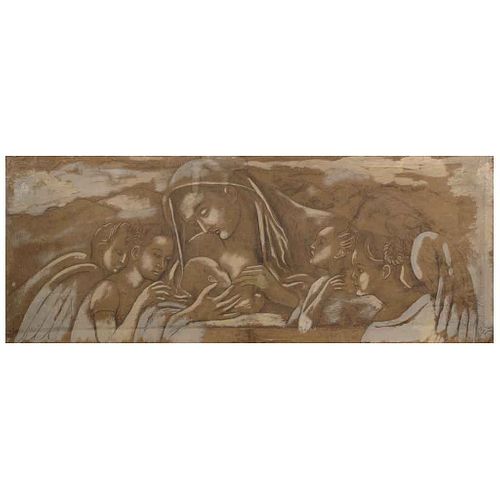 FEDERICO CANTÚ, Maternidad, 1953, Firmado con monograma, Temple y carboncillo sobre papel sobre tela, 91.5 x 234.5 cm, Con certificado | FEDERICO CANT