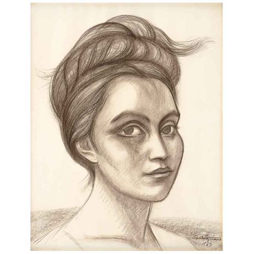 RAÚL ANGUIANO, La muchacha de los ojos grandes, Firmado y fechado 1963, Carboncillo y sanguina sobre papel, 72.5 x 57.5 cm | RAÚL ANGUIANO, La muchach