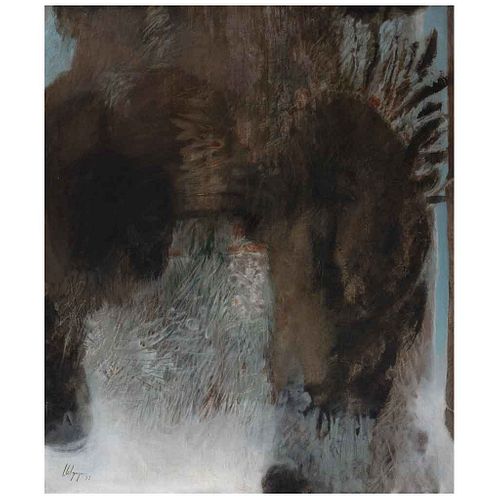 JORGE ALZAGA, Los líquenes, Firmado y fechado 77 al frente. Firmado al reverso al reverso, Óleo sobre tela, 129 x 109.5 cm | JORGE ALZAGA, Los líquene