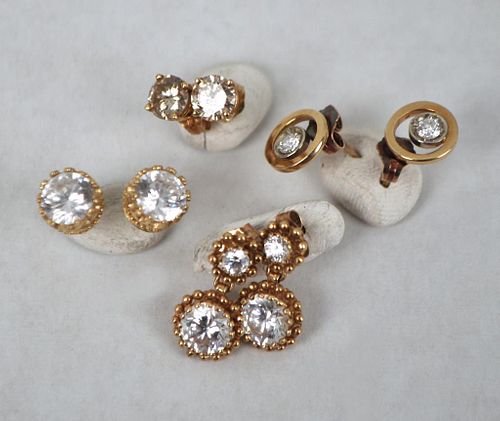 Four Pairs 14K Gold & Diamond Stud Earrings
