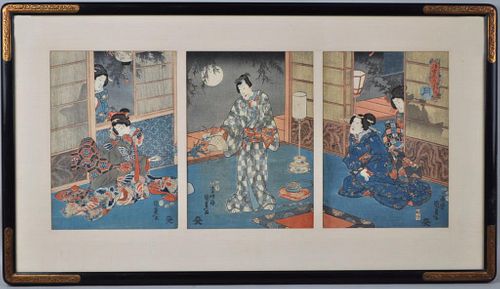 Framed Japanese Tryptich Woodblock Print