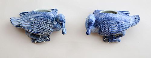 PAIR OF CHINESE BLUE AND WHITE PORCELAIN DUCK-FORM WALL POCKETS