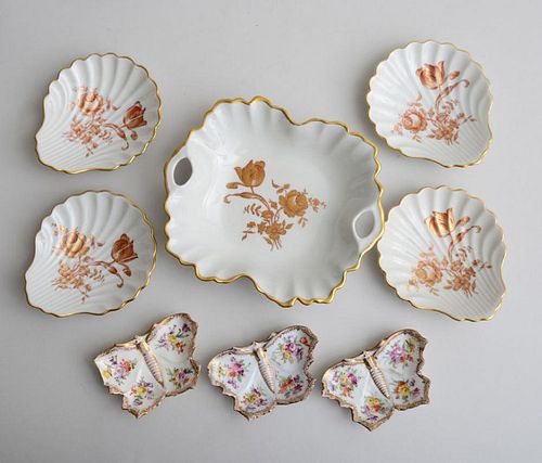 SET OF FOUR LIMOGES PORCELAIN SHELL-FORM DISHES, MATCHING SMALL DISH AND THREE DRESDEN PORCELAIN BUTTERFLY-FORM DISHES