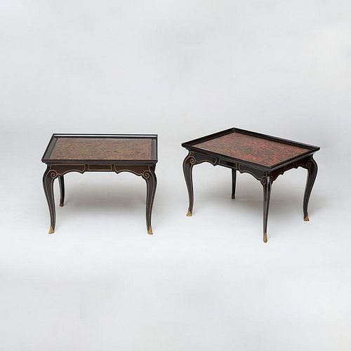 PAIR OF LOUIS XV STYLE ORMOLU-MOUNTED, EBONIZED AND BOULLE-MARQUETRY LOW TABLES, MAISON JANSEN