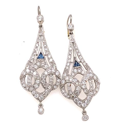 Platinum Diamond & Sapphire Long Earrings 