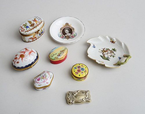 FOUR FRENCH GILT-METAL-MOUNTED PORCELAIN BOXES, A STAFFORDSHIRE ENAMEL HUNT BOX, AND A SILVER-PLATED MATCH STRIKER