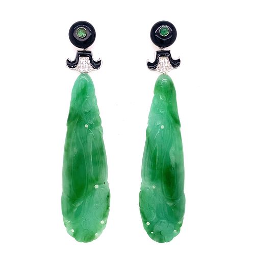 18k Jade Onyx Enamel Long Earrings