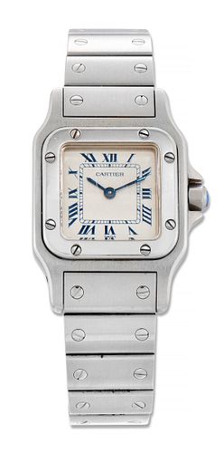 A LADY'S STEEL CARTIER SANTOS GALBEE BRACELET WATCH,?square silver dial wit