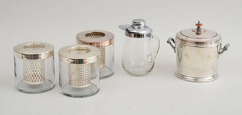 THREE GLASS BOTTLE COOLERS WITH SILVER-PLATED RIMS AND BASKETS" AND A SILVER-PLATED ICE BUCKET AND COVER"