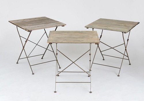 GROUP OF THREE PICKLED WOOD AND METAL FOLDING GARDEN TABLES